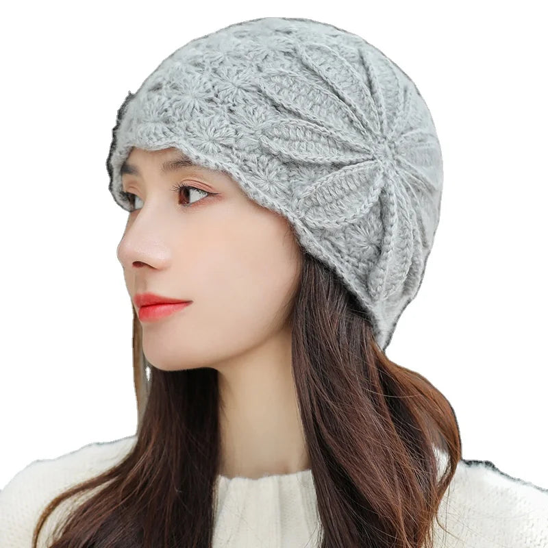 Autumn Winter Women Retro Elegant Big Flower Hollow Knitted Hat Fashion French Embroidered Beanie Crochet Cap