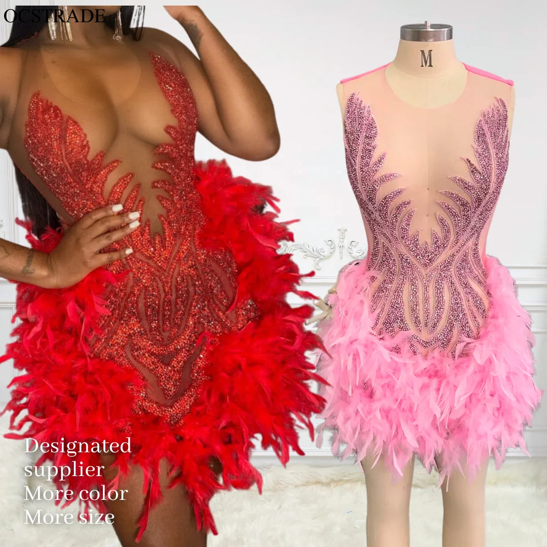 Ocstrade Luxurious Sparkly Diamond Mesh Mini Dress Feather Rhinestone Birthday Party Dresses Blingbling Women Sexy Club Dresses