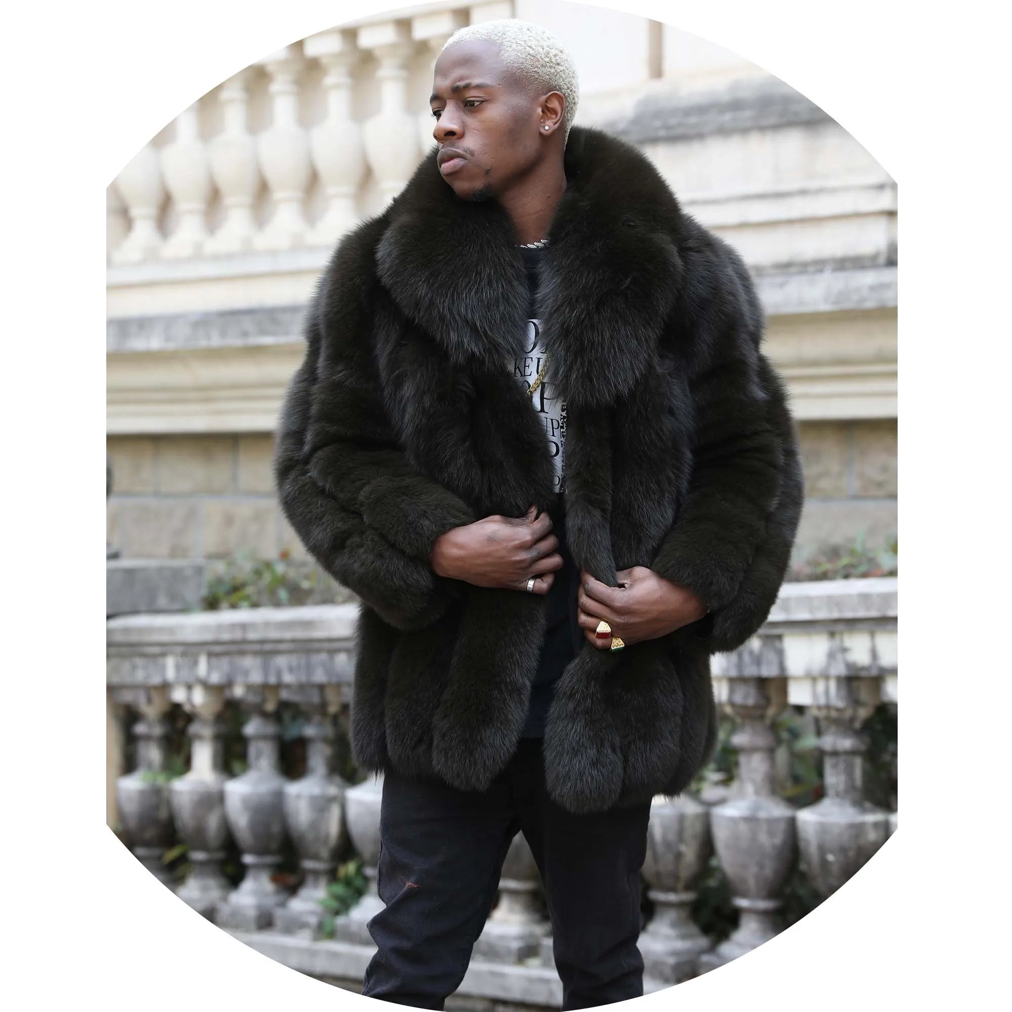 Men's Winter Warm Big Collar Black Color Custom Real Fox Fur Coat