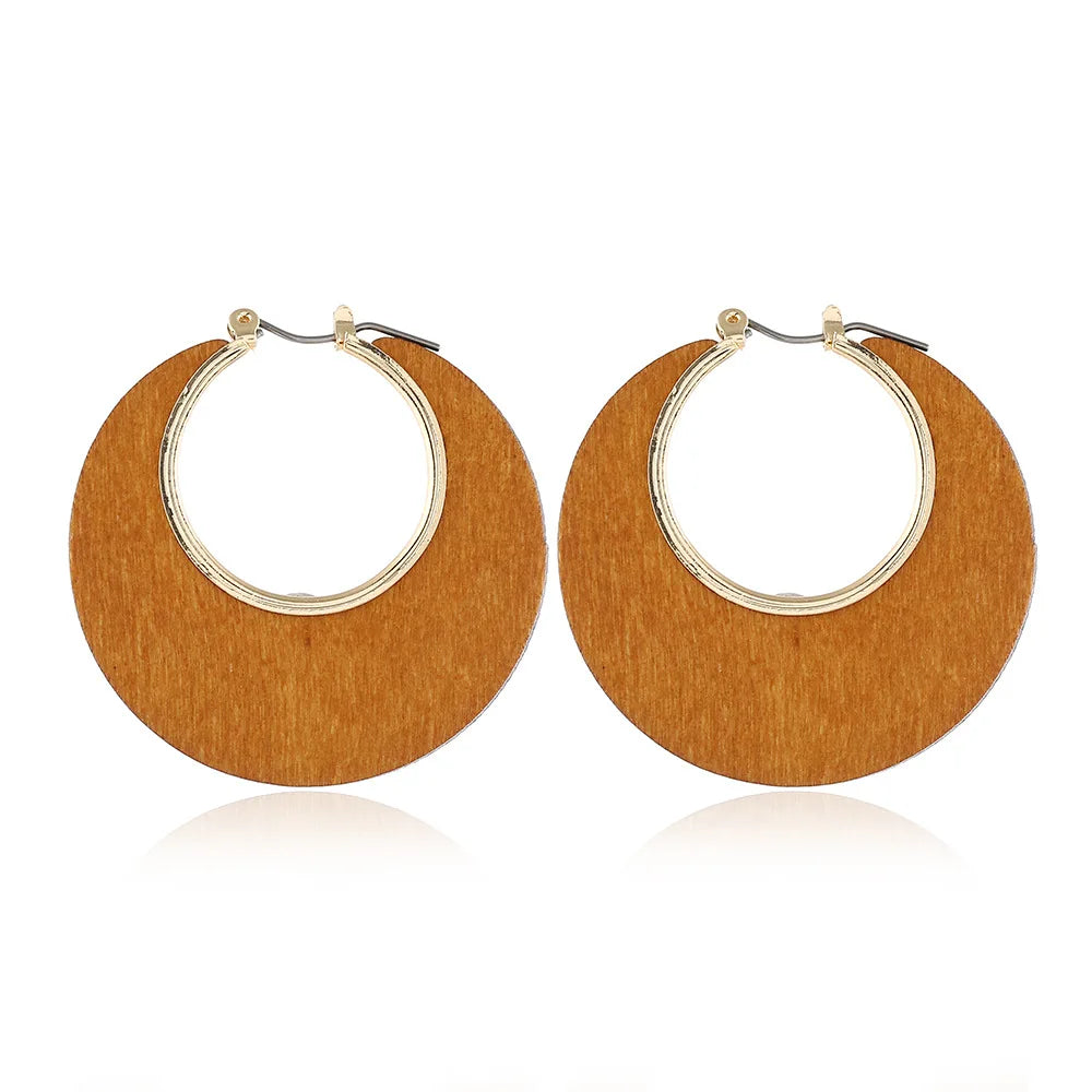 European and American Retro Pendant Drop Hollow Out Zinc Alloy Round Wooden Earrings
