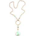 Fashion Women Round Metal Disco Circle Knotted Natural Gemstone Necklace Crystal Glass Rosary Chain Amazonite Pendant Necklace