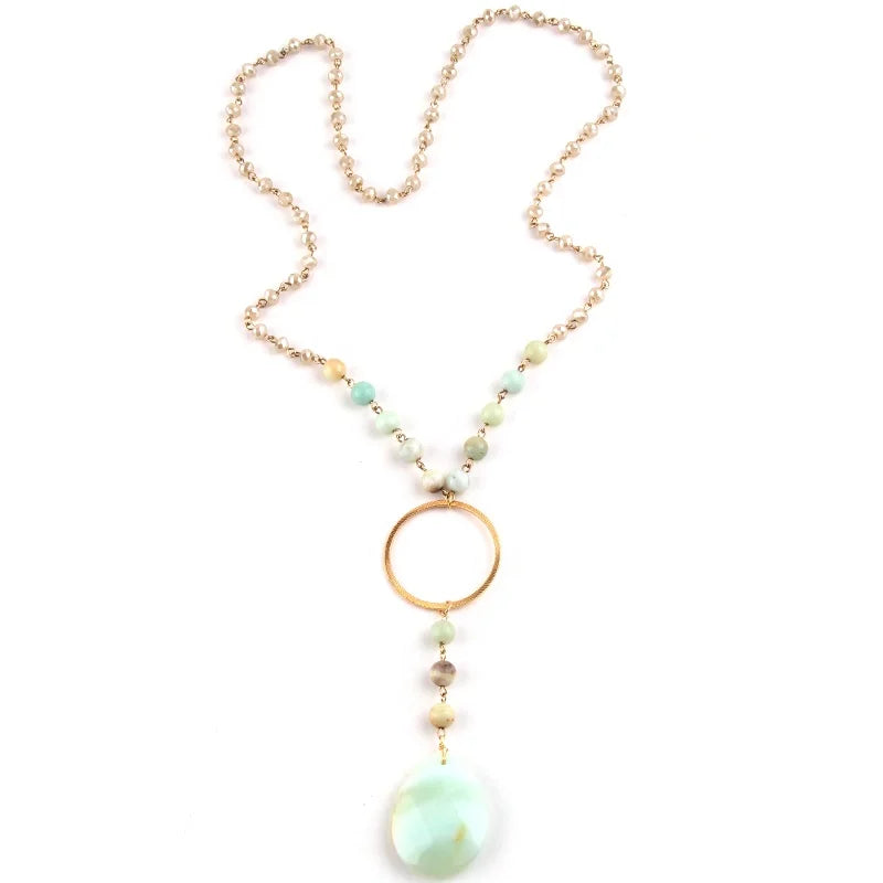 Fashion Women Round Metal Disco Circle Knotted Natural Gemstone Necklace Crystal Glass Rosary Chain Amazonite Pendant Necklace