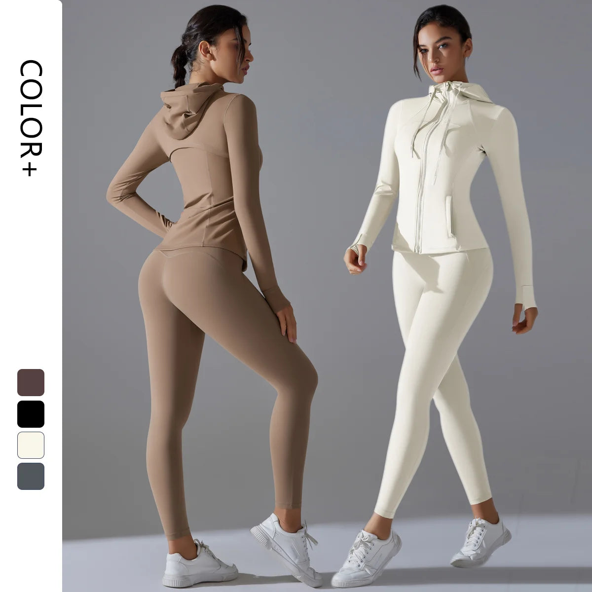 Women Quick Dry Sport Yoga Hooded Jacket Slim Gym Fitness Workout Zipper Track Leggings Sets
