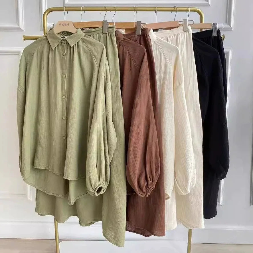 New Muslim Women Casual Skirt Set Puff Sleeve Lapel Collar Shirt Top + Loose Maxi Skirt Spring Summer Lady Long Two Piece Set MegaBDM