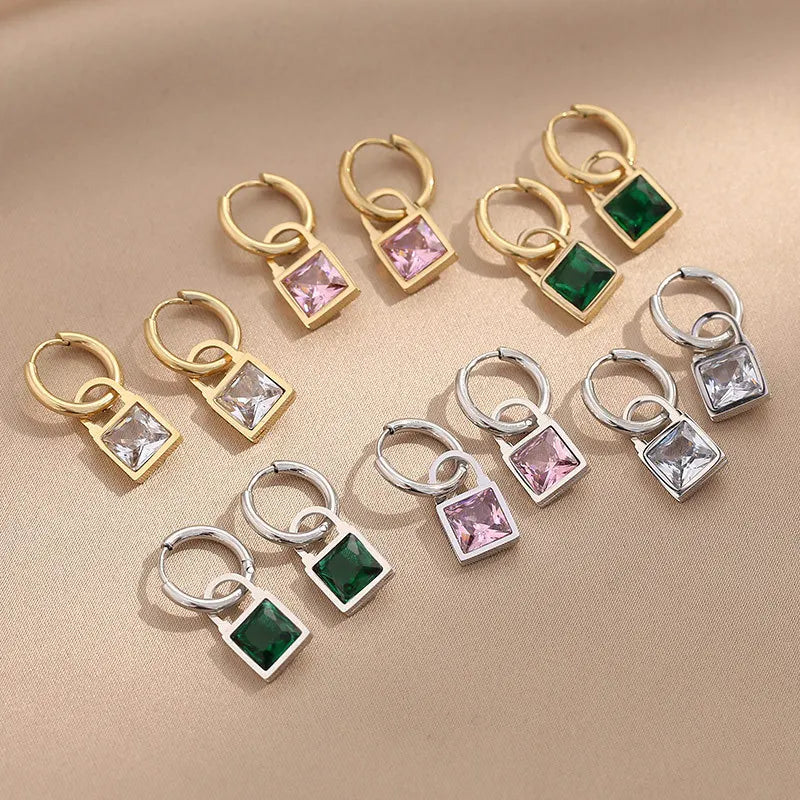 Simple 14 Gold Plated Stainless Steel Crystal Square Drop Earrings Titanium Steel Color Rectangle Zircon Earring for Women