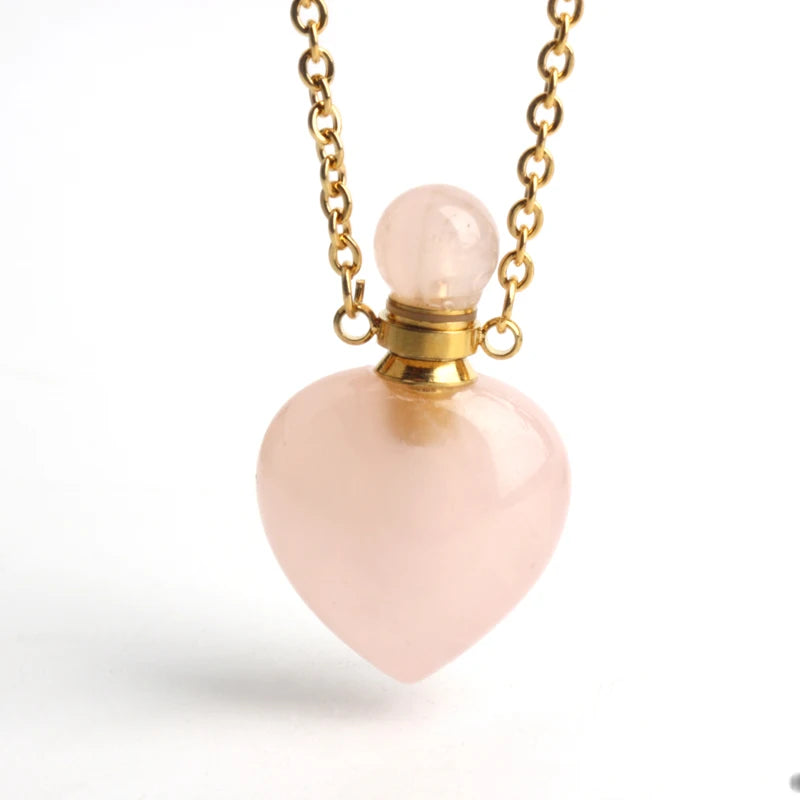 Original Crystal  Carved Heart Essential Oil Bottles Rose Quartz Mini Crystal Perfume Bottle Pendants