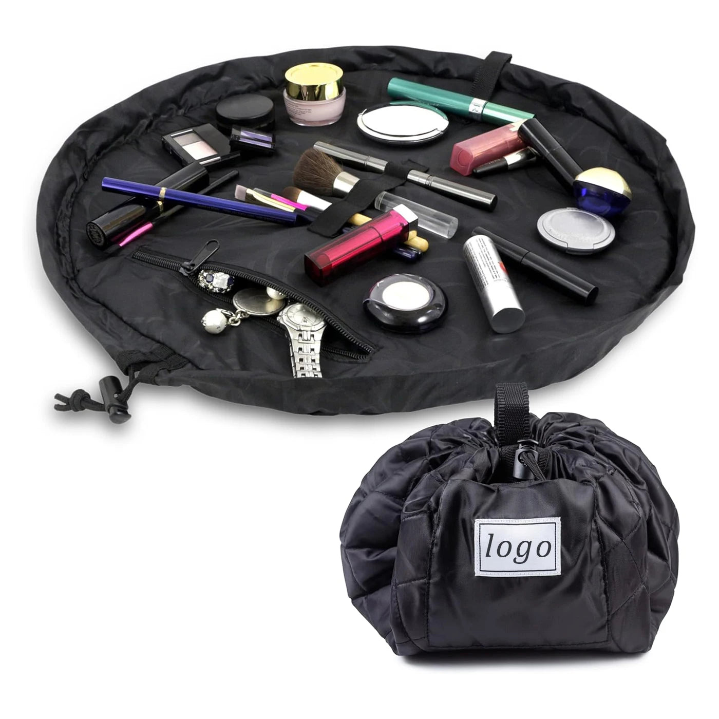 Custom Drawstring Bag Womens Makeup Organizer 20inch Toiletry Pouch for Travel Bags Gifts Black Cosmetic Bag