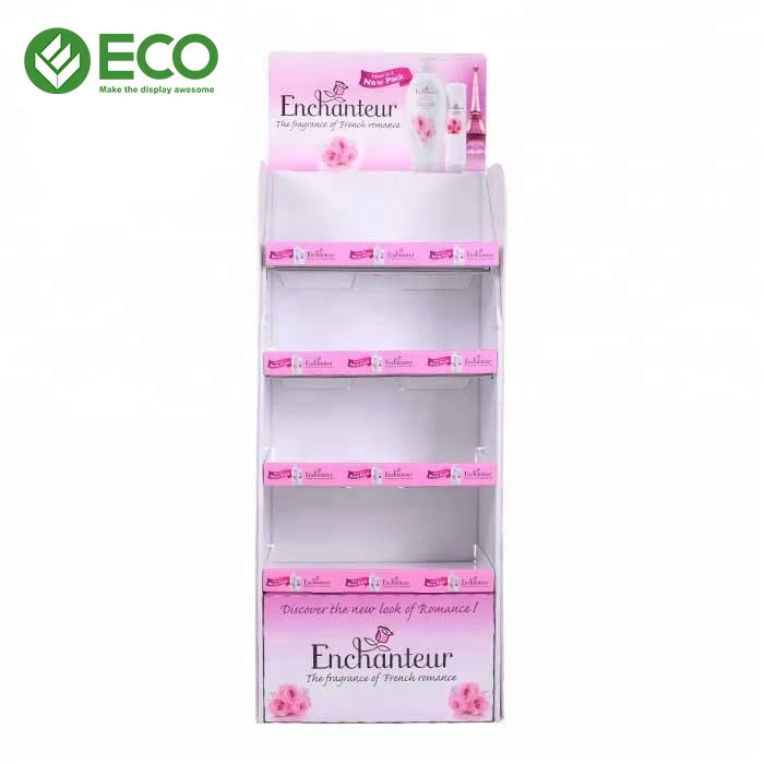 Customized Foldable Portable Modern Pink Cardboard Floor Display Rack for Cosmetics Skincare in Retail Stores
