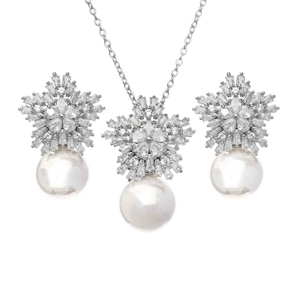 Cubic Zircon Flower Pearl Drop Necklace and Earring Set for Wedding Bridal Parties Gifts Engagements-Social Occasion Jewelry