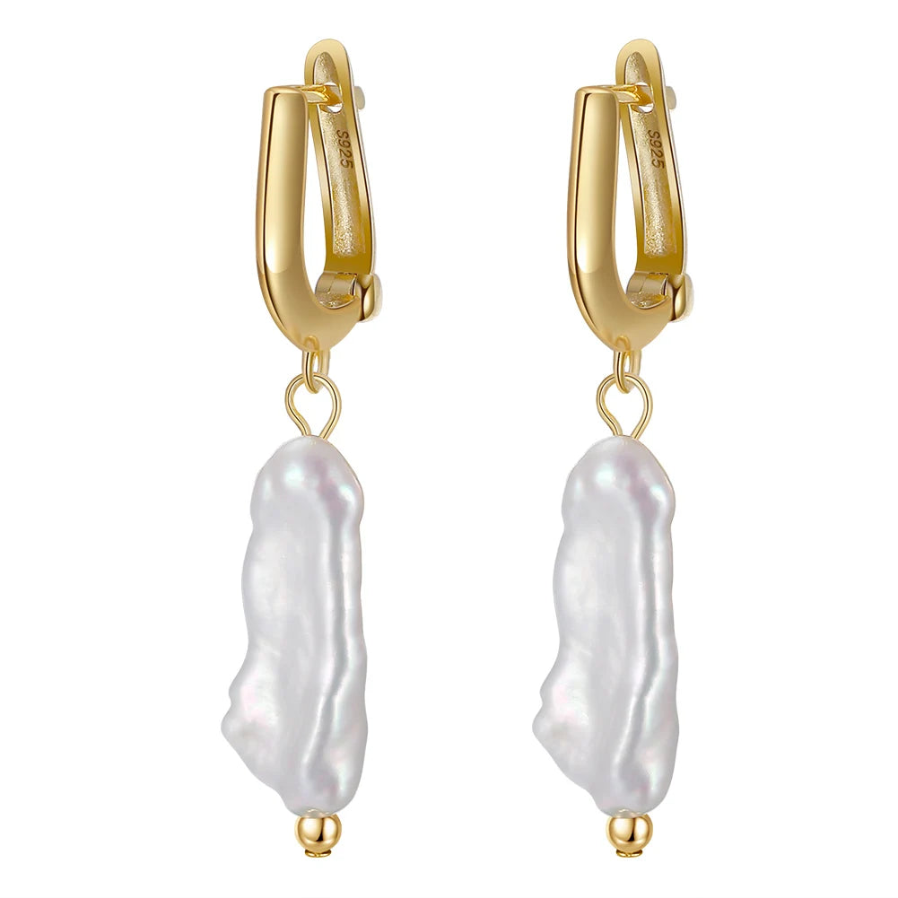 RINNTIN GPE10 Classic Elegance 14K Gold Plated Jewelry 925 Sterling Silver Real Cultured Baroque Earrings for Women