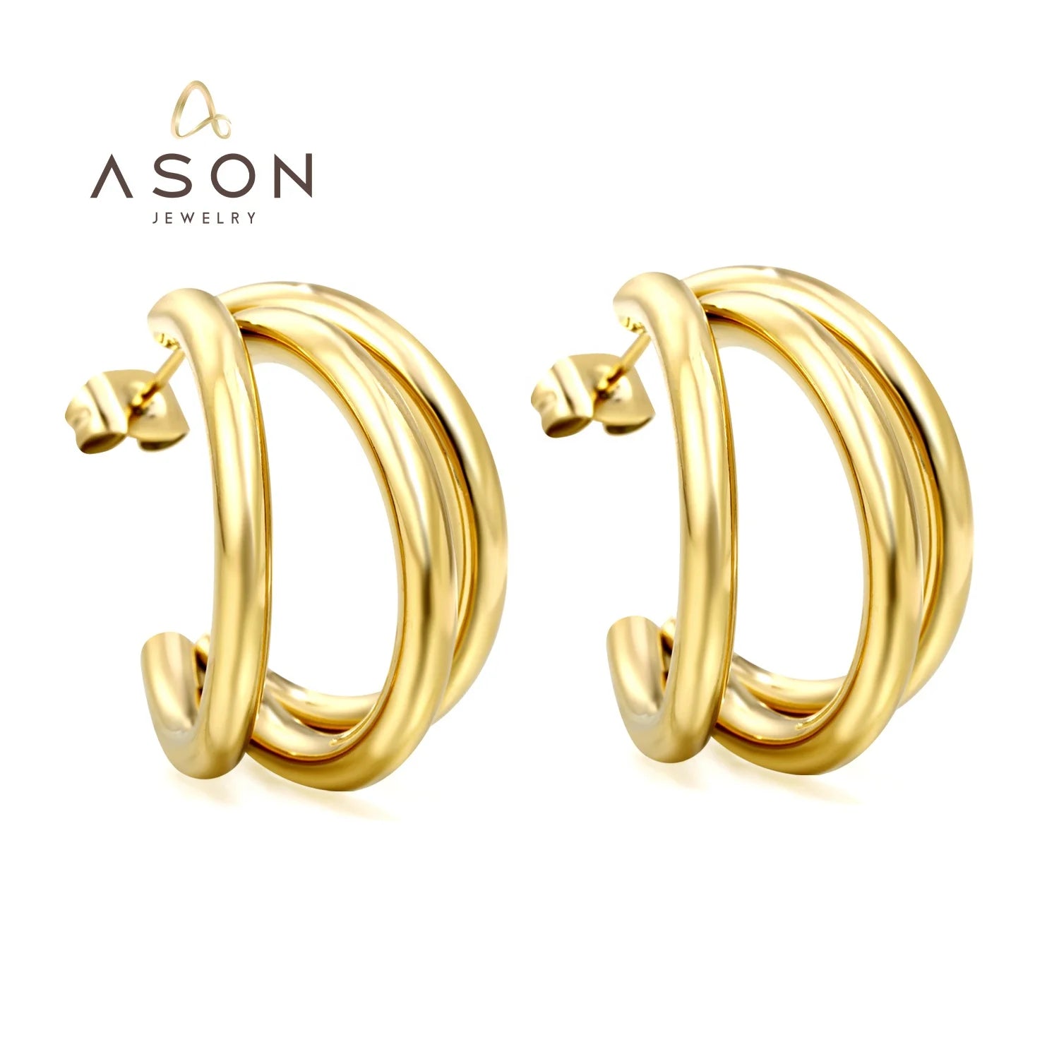 Wholesale Non Fading Fashion Jewelry 18K Gold Plated Stainless Steel Creative Multi Layered C Shape Hoop Earrings for Women