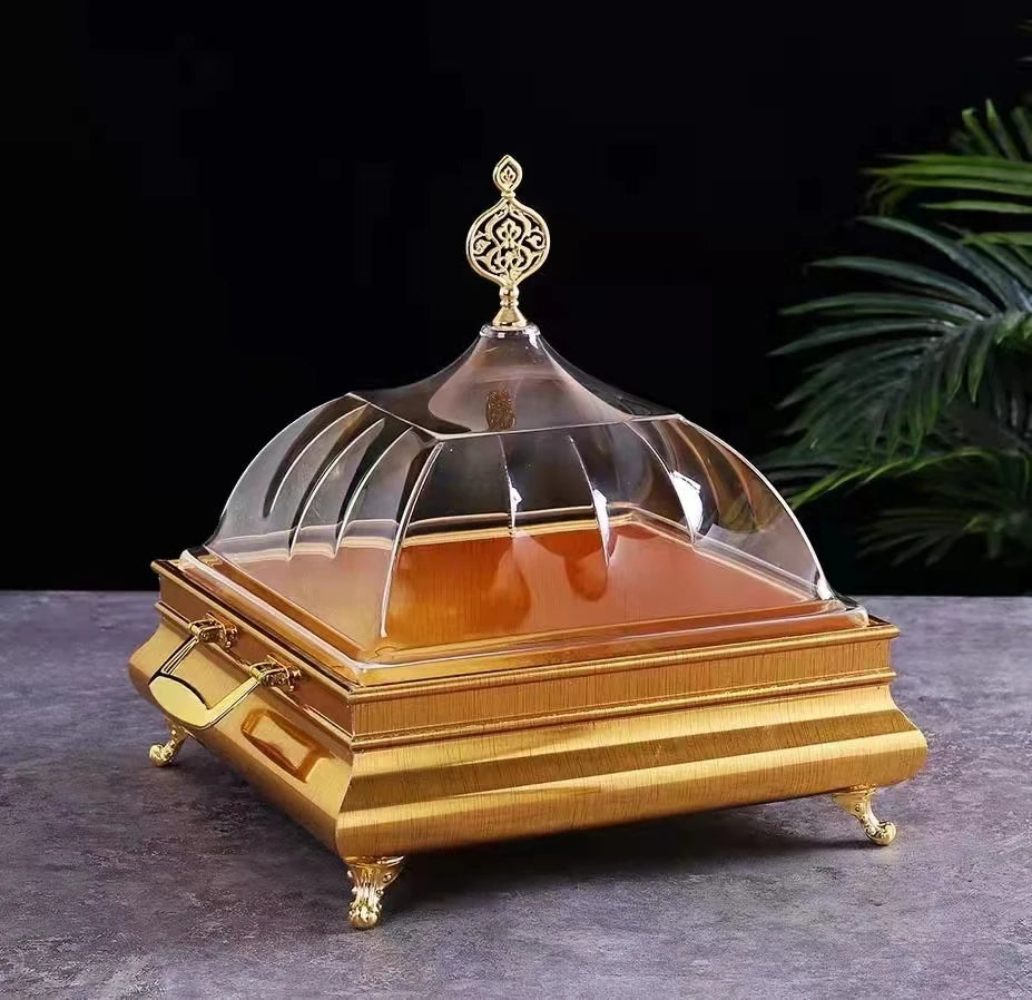 2022 New Arrived Vintage Light Luxury Arabic Turkish Gold Color Square Food Serving Metal Tray With Acrylic Lids Cake Trays