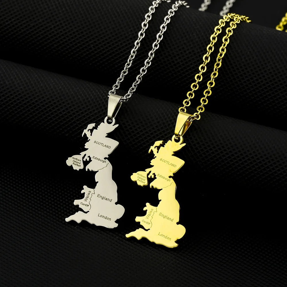 Stainless Steel Enamel United Kingdom of Great Britain and Northern Ireland City 18K Gold Plated Flag Map Pendant Chain Necklace
