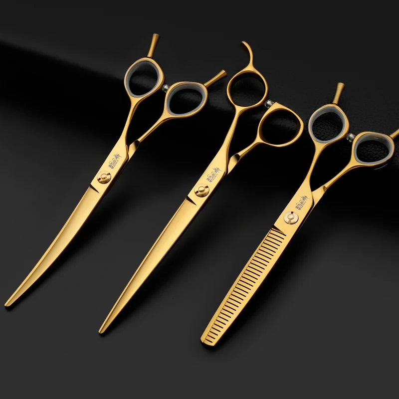 Vacuum Plating Golden Professional Pet Beauty Curved Scissors Straight Scissors 7.0 Inch Dog Hair Trimming Scissors
