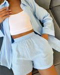S-XL New Long Sleeved Commuter Shirt and Shorts Set Flip Collar Single Breasted Shirt With Tie up Shorts
