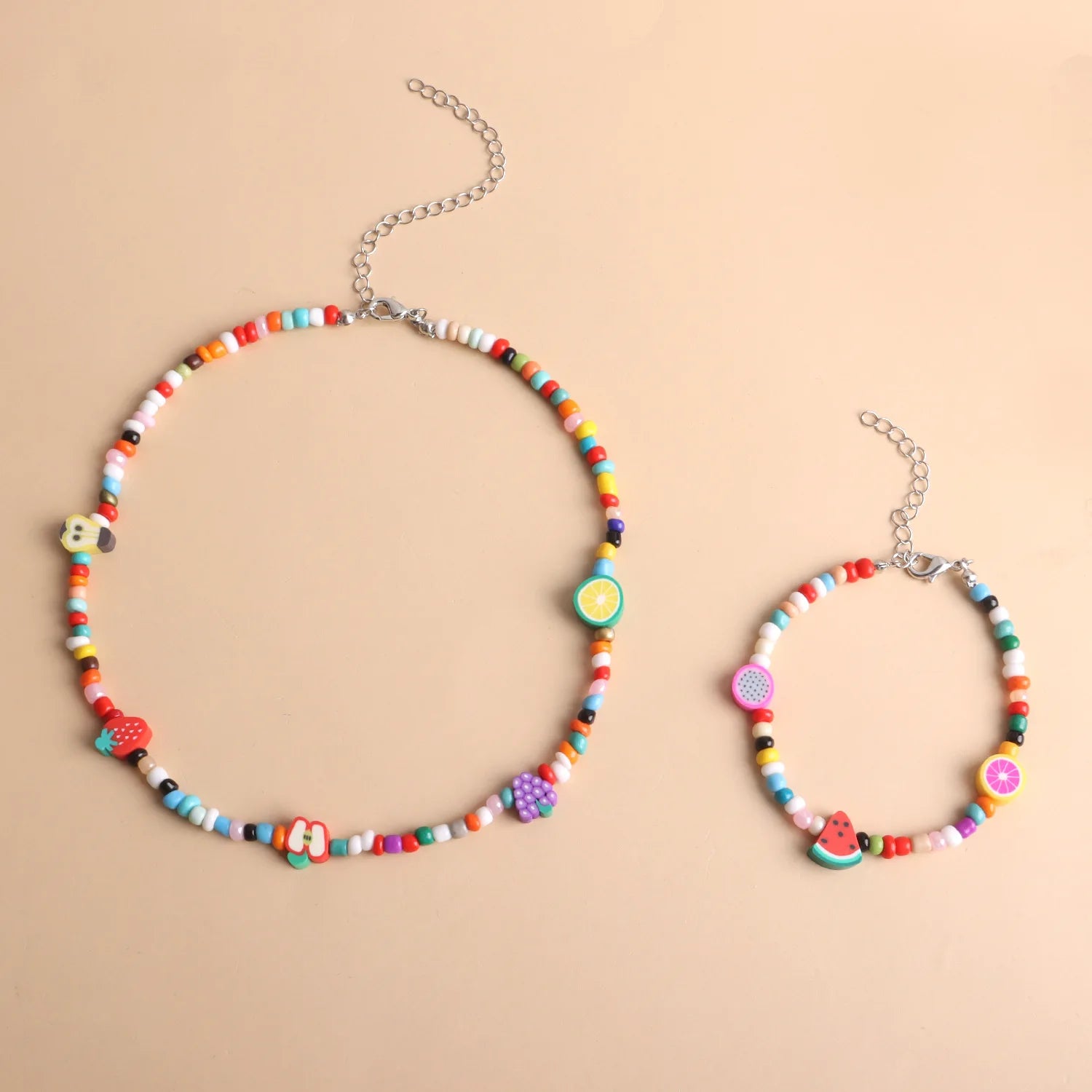 Bohemian Colorful Seed Glass Bead Beach Polymer Clay Watermelon Knitting Necklace GMN021
