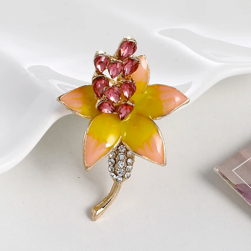 Vintage Oil Drop Enamel Floral Brooch Pins Rhinestone Brooch Flower Women Accessory