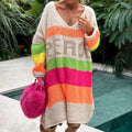 Wholesale Professional Pattern Color Block Crew Neck Casual Women's Knitted Sweater Dress Regular Winter Front Logo