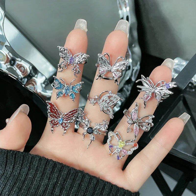 Luxury Punk Butterfly Rings for Girl Women Fashion Bling Crystal Irregular Opening Adjustable Finger Ring Y2K Jewelry Gift