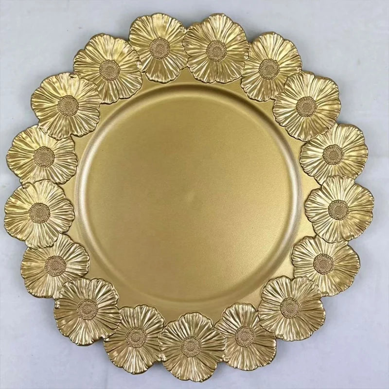 Bulk Wedding Table Decoration Gold Flower Rim Charger Plates 13-inch Plastic Reef Plate Chargers for Dinner Plates