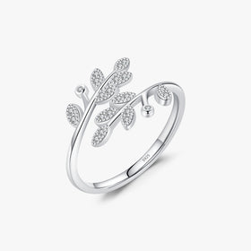 Sparkle CZ Opening Size 6-9 Ring for Women Fine Jewelry Accessories 925 Sterling Silver Lucky Tree Leaf Finger Adjustable Rings