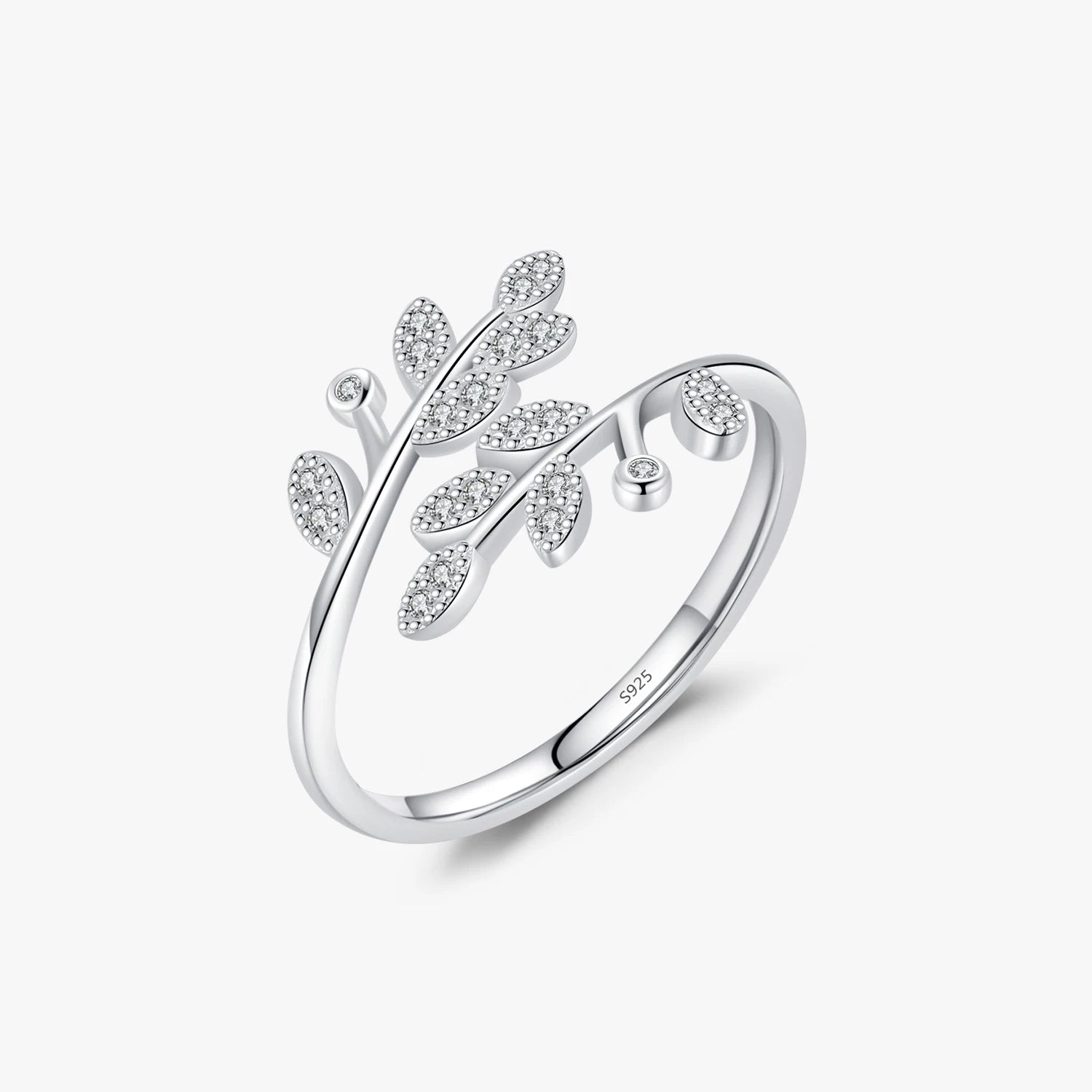 Sparkle CZ Opening Size 6-9 Ring for Women Fine Jewelry Accessories 925 Sterling Silver Lucky Tree Leaf Finger Adjustable Rings