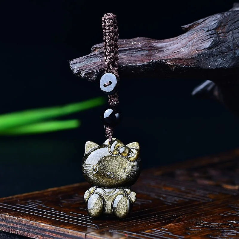 Polished Natural Crystal Kitty Cat Bag and Keychain Accessory Decorative Rough Stone Accessory