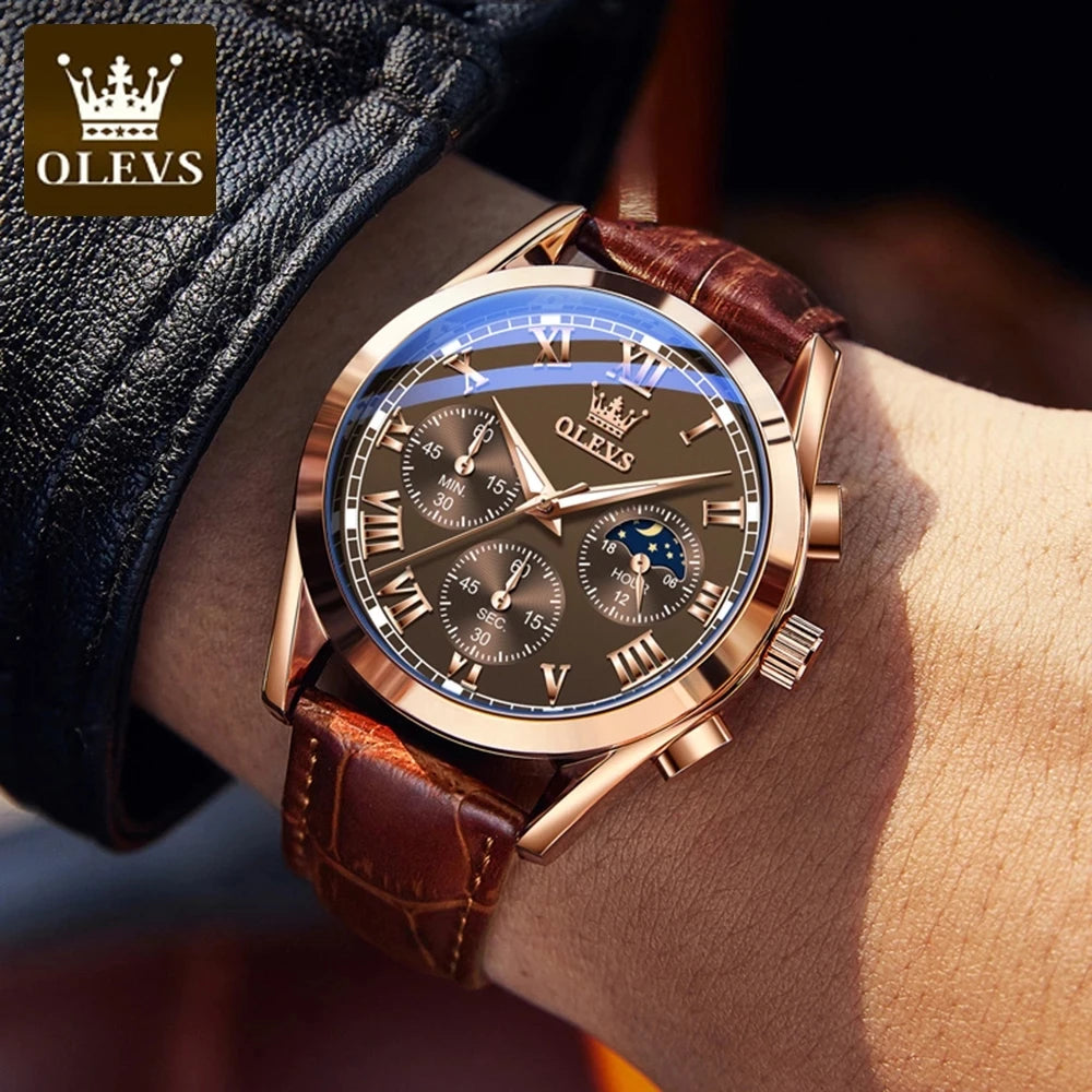 OLEVS New 2871 Men's Quartz Watch Luminous Business Waterproof Luxury Leather Strap Chronograph Men Wrist Watches Reloj Hombre