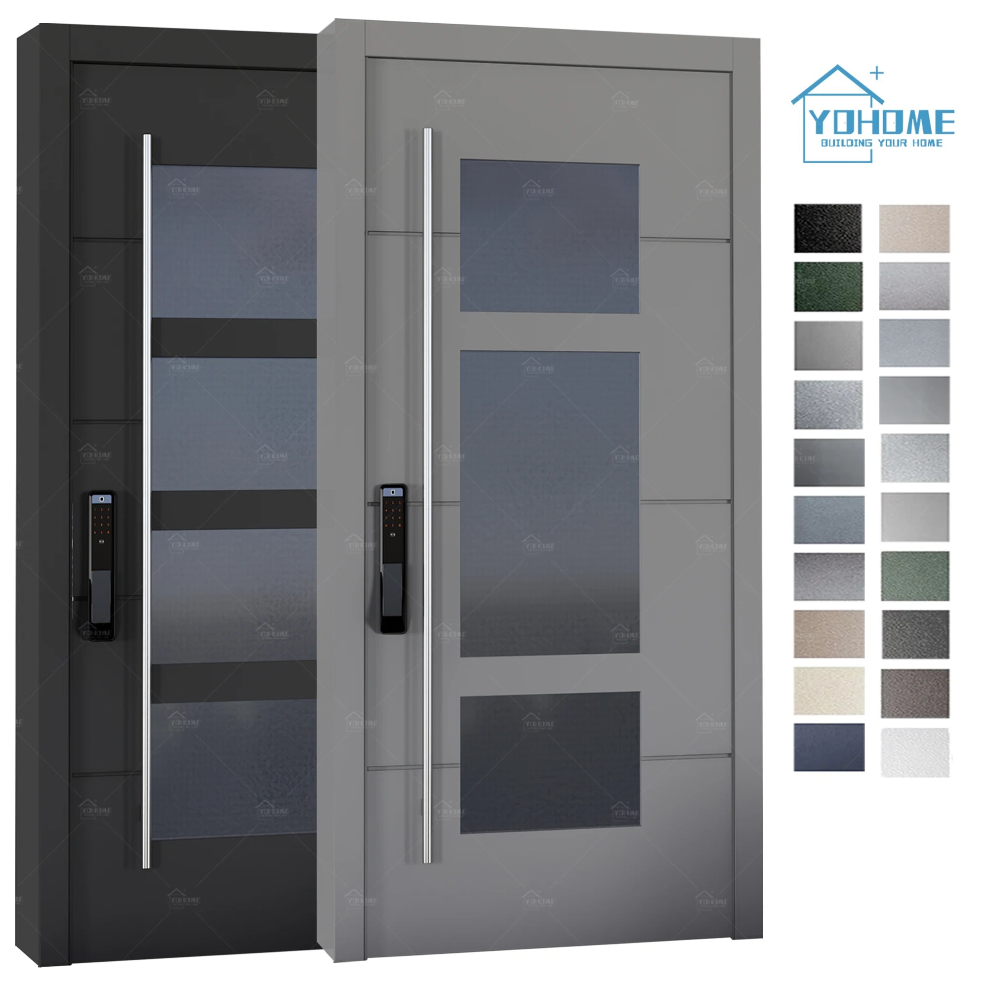Foshan Yohome Villa Project Grey Black Smart Lock System Exterior Security Doors With Durable Cast Aluminum Pivot Main Door