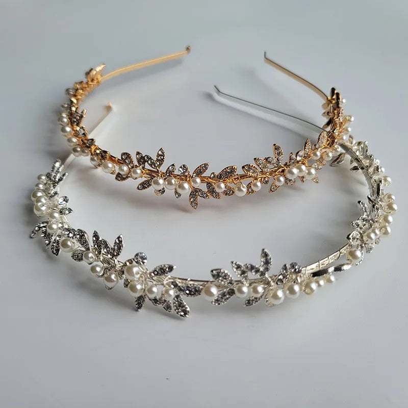 SLBRIDAL Handmade Luxury Rhinestone Crystal Pearls Bridal Tiara Headband Wedding Bridesmaids Crown Women Hair Jewelry