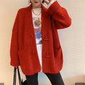 Vintage Red V-neck Knitted Cardigan for Women New Loose Cable Knitted Twist Jacquard Design Horn Button Plus Size Cardigan Top