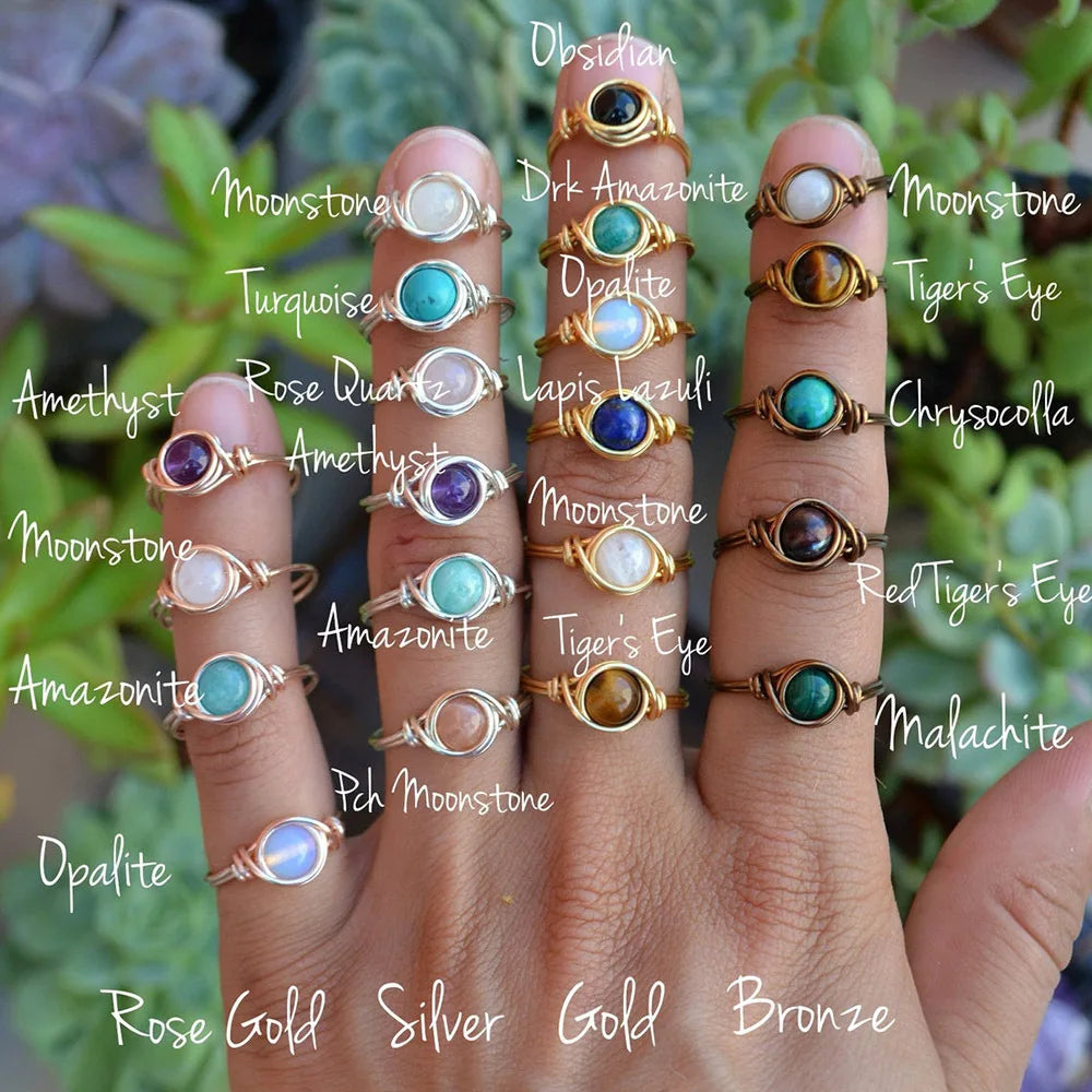 Healing Crystal Chakra Gemstone Ring Crystal Wire Wrapped  Rose Quartz Amethyst Ring Jewelry for Women and Girls