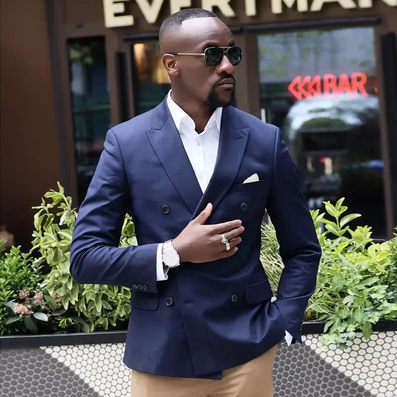 Casual Navy Blue Double Breasted Men Suits Top Jacket Tuxedos Wedding Groom Veste Homme Prom Blazer Pants  Sets