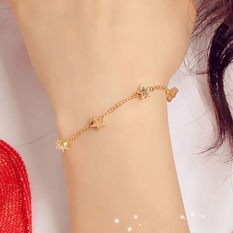 HOVANCI 18K Gold Plated Heart Charms Tassel Bracelet Simple Polished Gold Color Star Charms Bracelet for Sandal