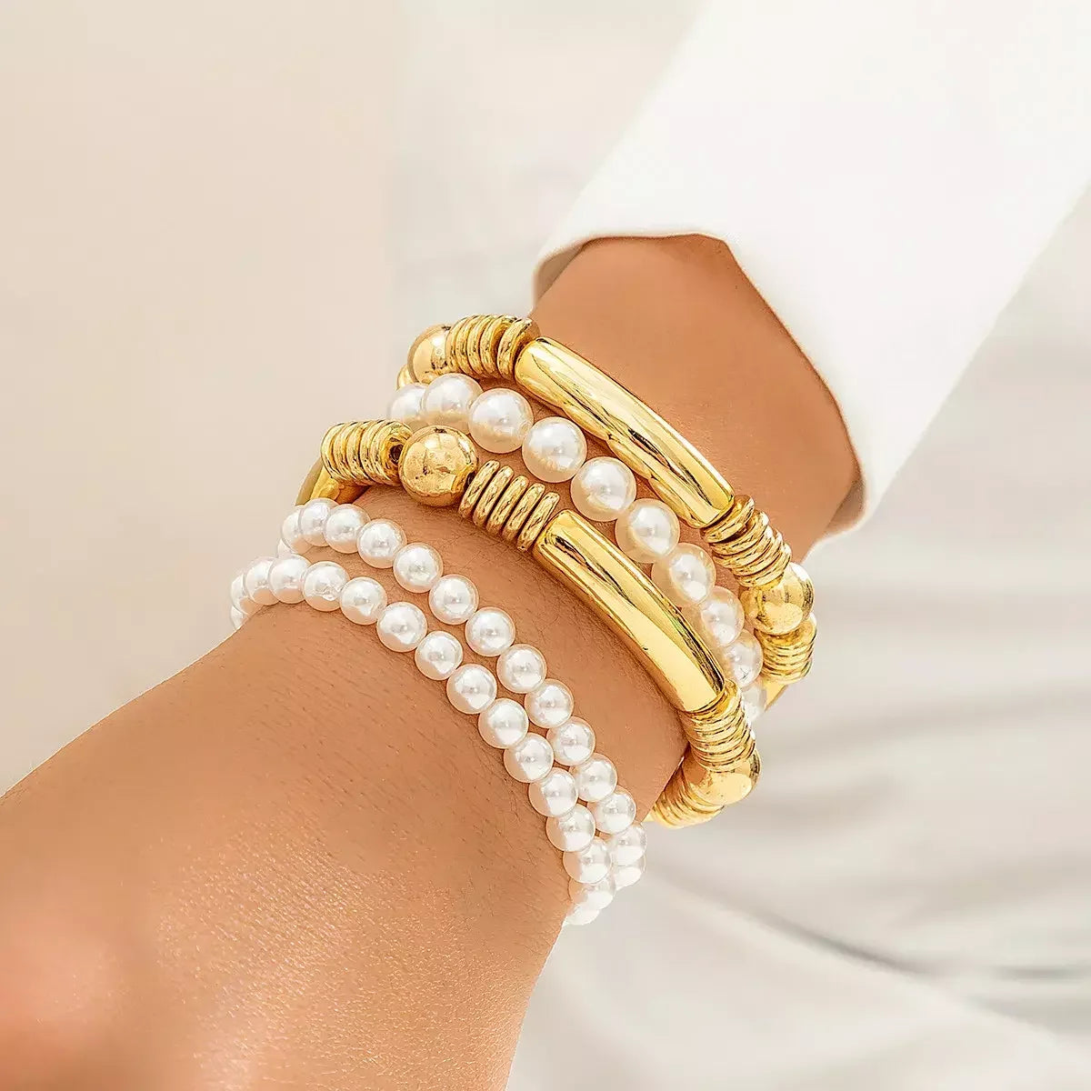 SHIXIN Creative Pearl Chain Bracelets for Women Trendy Goth Bamboo Elastic Strand Beads Bangles Friends Hand Jewelry