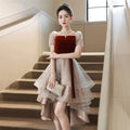 New Design Burgundy Velvet Tulle Satin Sequined Beading Bride Wedding Toast Dress Light Luxury Empire Knee-Length Banquet Party