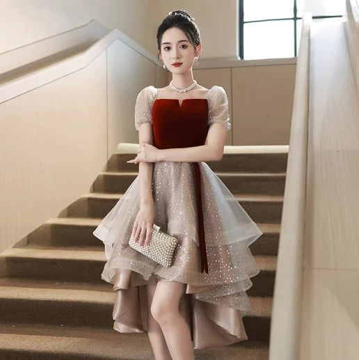 New Design Burgundy Velvet Tulle Satin Sequined Beading Bride Wedding Toast Dress Light Luxury Empire Knee-Length Banquet Party