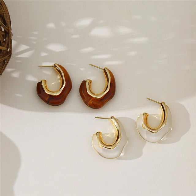 C-Shaped Irregular Twisted Clear Amber Resin Earrings Acrylic Hoop Earrings for Women