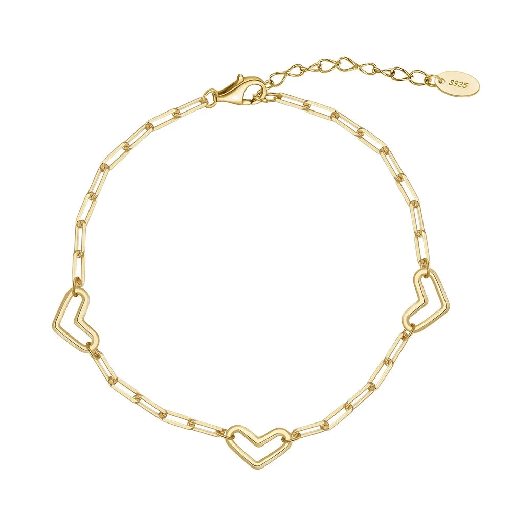 Rinntin SB194 Newest 14K Gold Plated Sterling Silver Jewelry Love Heart Paper Clip Chain for Women Accessories Bracelet