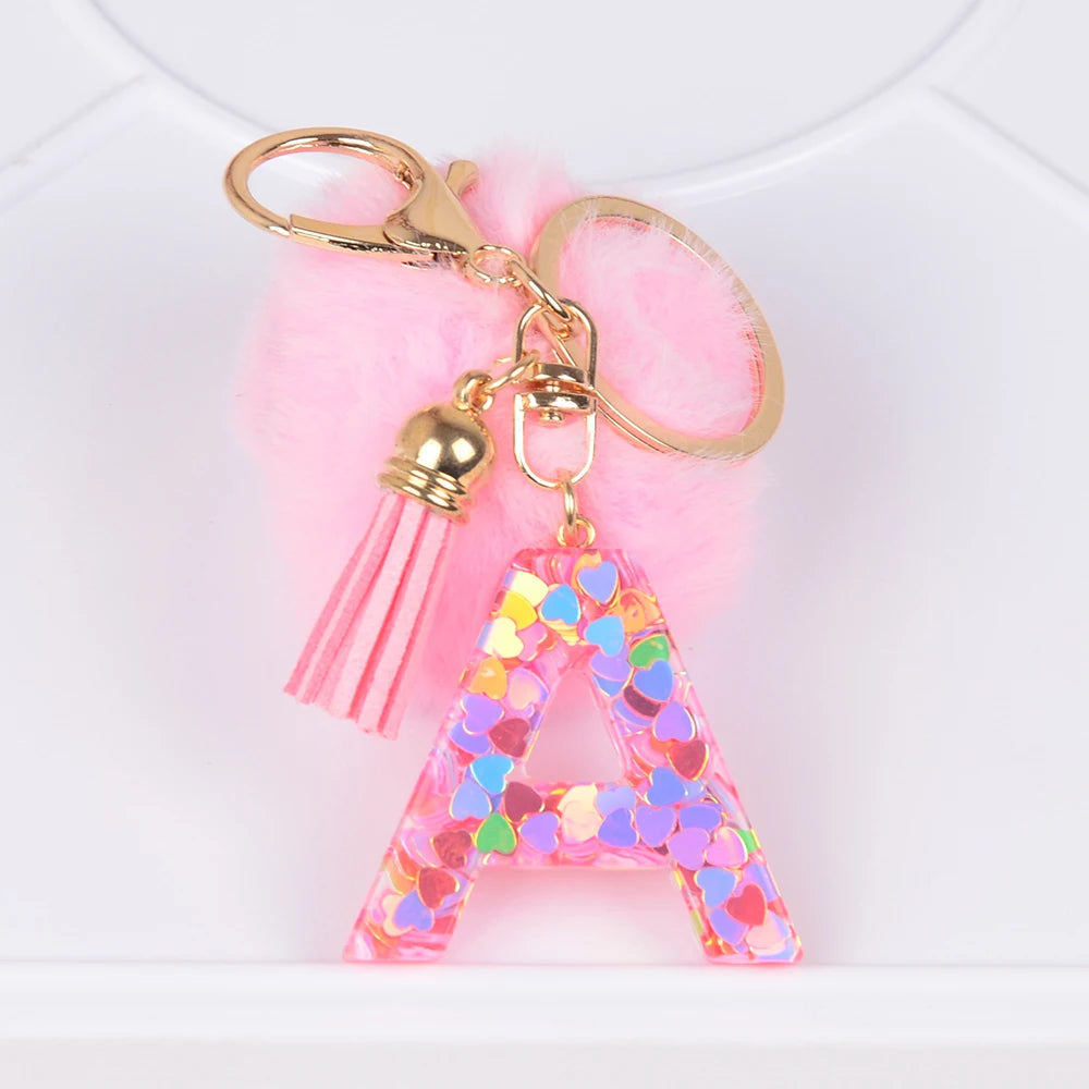 Factory Wholesale pink Hairball Initial Key Chain Drop Glue love Letter Pendant Girl Purse Backpack Hanging Gift