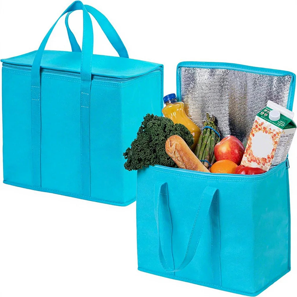 Reusable Blue Large Capacity Insulated Bag Custom Brand Logo Food Delivery Grocery Packaging Insulated Cooler Bag