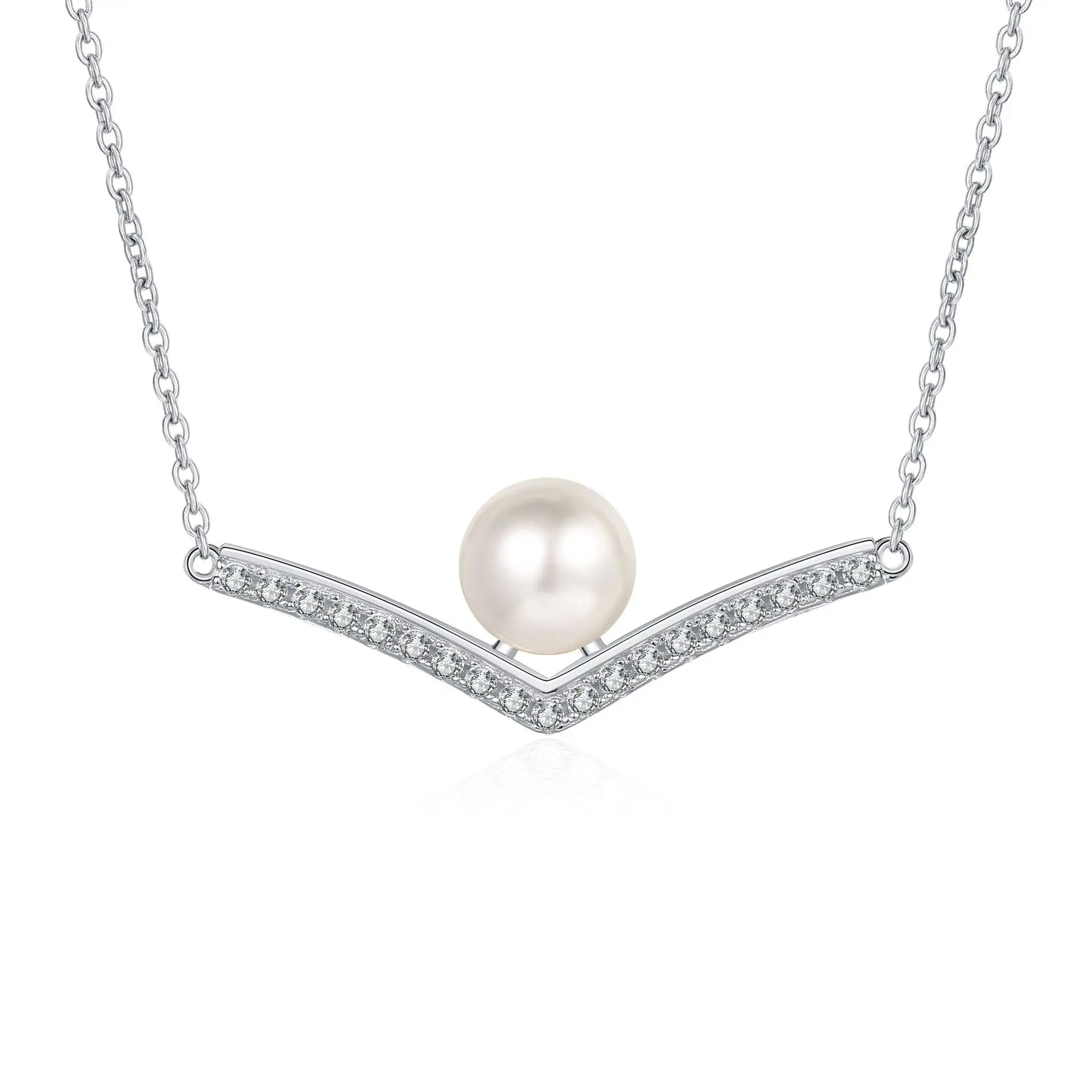 S925 Sterling Silver Moissanite V-Character Freshwater Pearl Pendant Necklace Premium Gift Jewelry