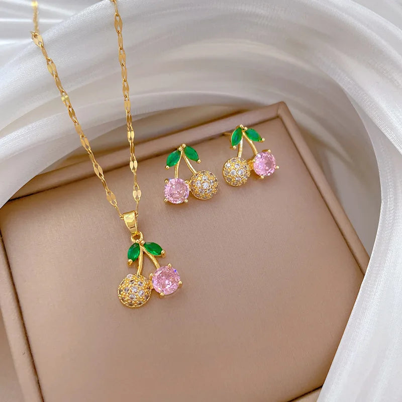 DAIHE Fashion New Jewelry Sets 18k Gold-Plated Zircon Cherry Necklace and Earring Set