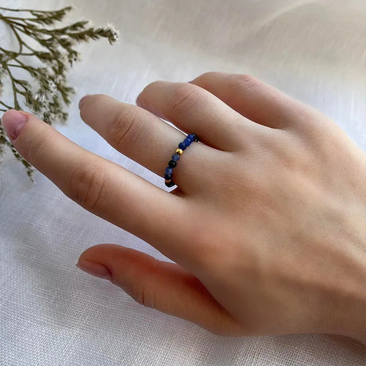 Custom Bohemia Beaded Rings 18K Gold Natural Stones Elastic Blue Beads Beaded Rings