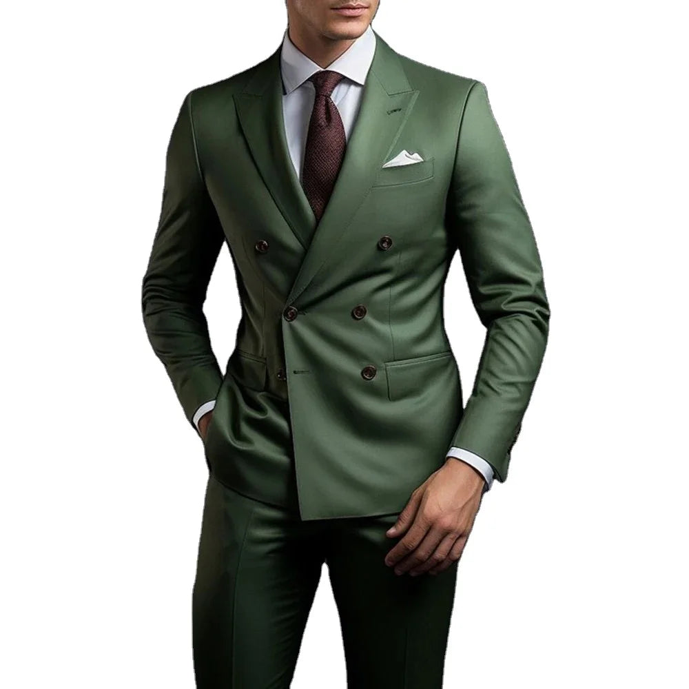 Double Breasted Green Peaked Lapel Formal Party Men's Suit Regular Length Elegant Blazer 2 Pieces Jacket Pants Male Clothing