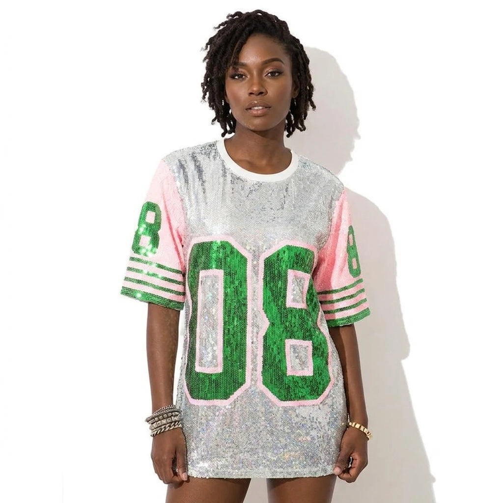Women Loose Oversized Causal Number 08 Shift Sequin T-Shirt Streetwear Club Cheerleaders Uniform Hip-Hop Sequin Jeresey Tops