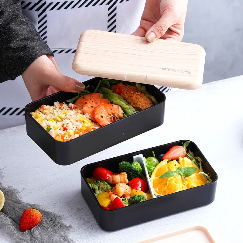 Two-Layer Eco-Friendly Food Storage Boxes Nordic Style Food Grade Plastic Wooden Bento Box with Silicone Ring and Utensils