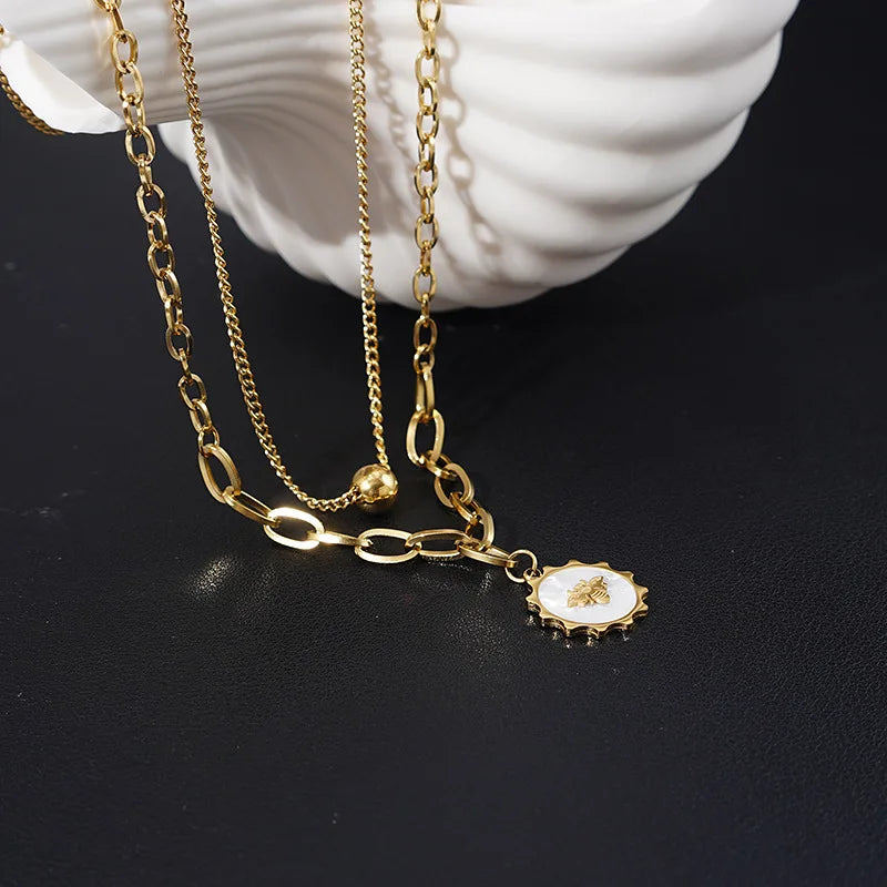 Women's Double Layer Gold Plating Stainless Steel Bee Pattern Pendant Necklace Shell Sun Shape Trendy Christian for Parties