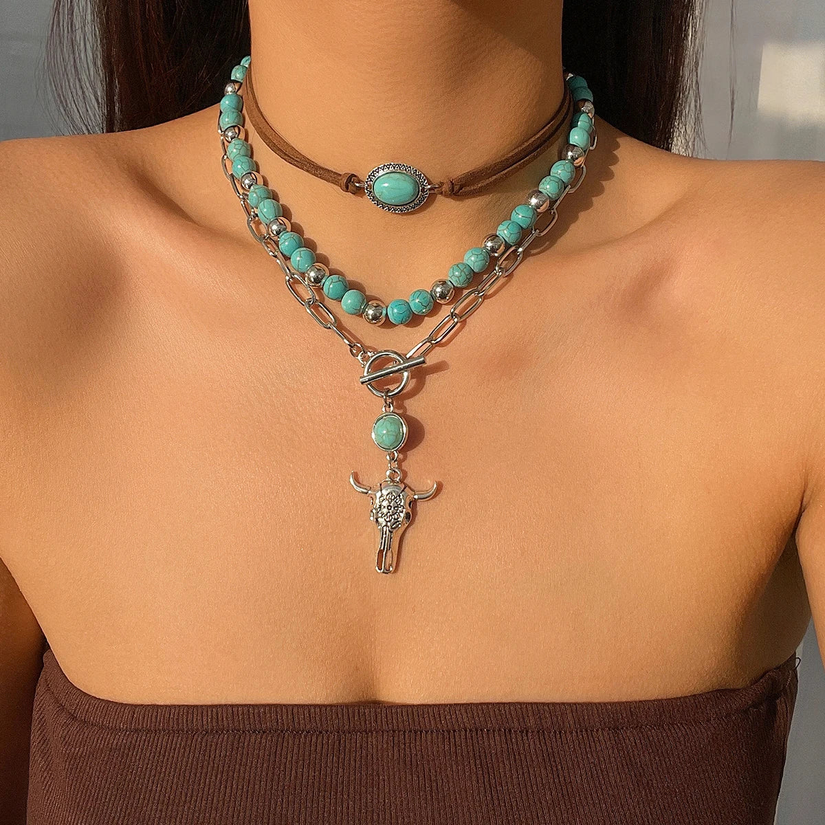 3Pcs/Set Vintage Turquoise CCB Beads Ox Head Pendant Necklace for Women Trendy Ladies Stacked Choker Fashion Jewelry Accessories
