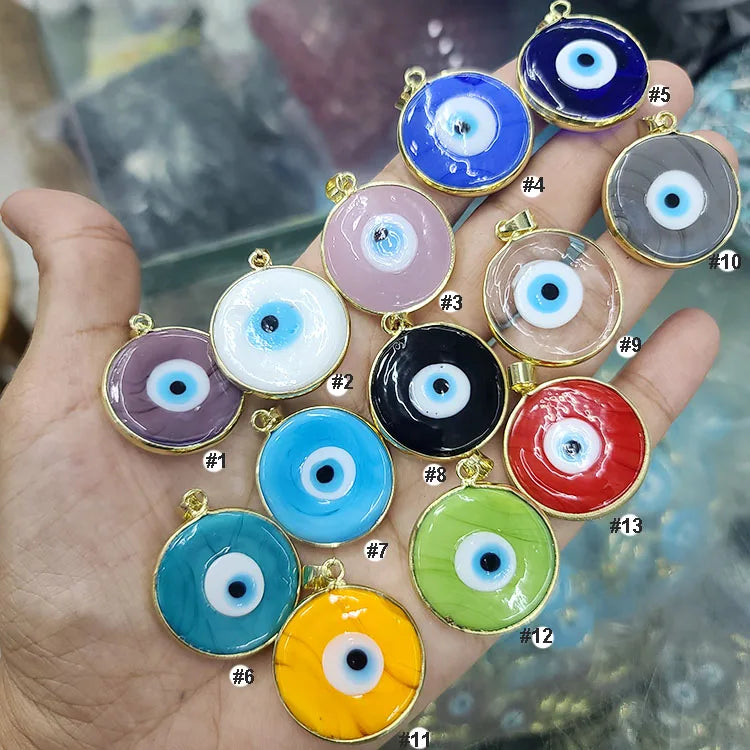 JF7364  Large Big Chunky Multi Colored Rainbow Gold Glaze Lampwork Glass Evil Eyes Coin Amulet Protective Lucky Charm Pendants